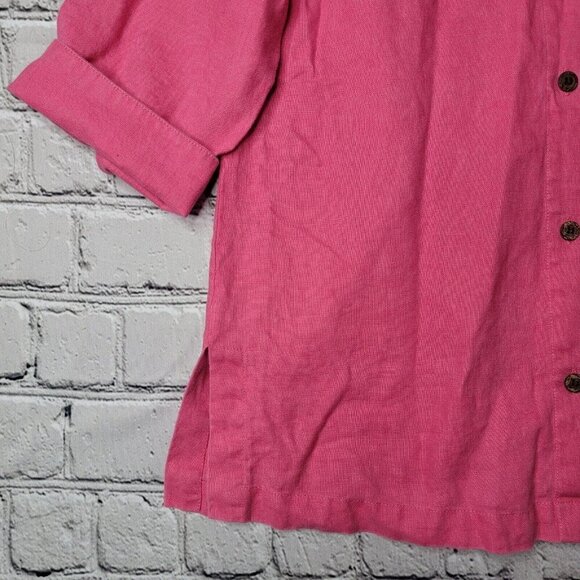 Vintage Chico's 100% Linen Pink Half Sleeve Button Up Collared Blouse Size 1 - Picture 5 of 9